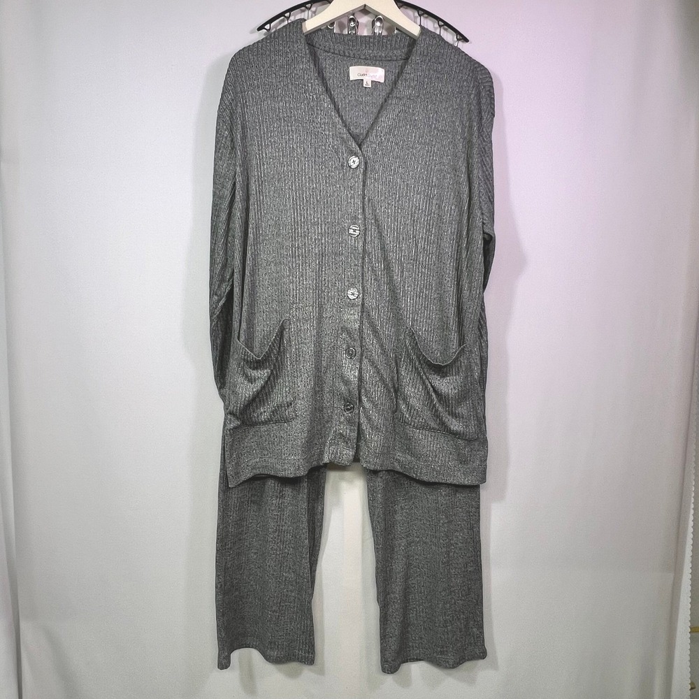 Cuddl Duds Womens 3 Piece Lounge Set Gray Marl Ribbed Cardigan Tank Pants XXL